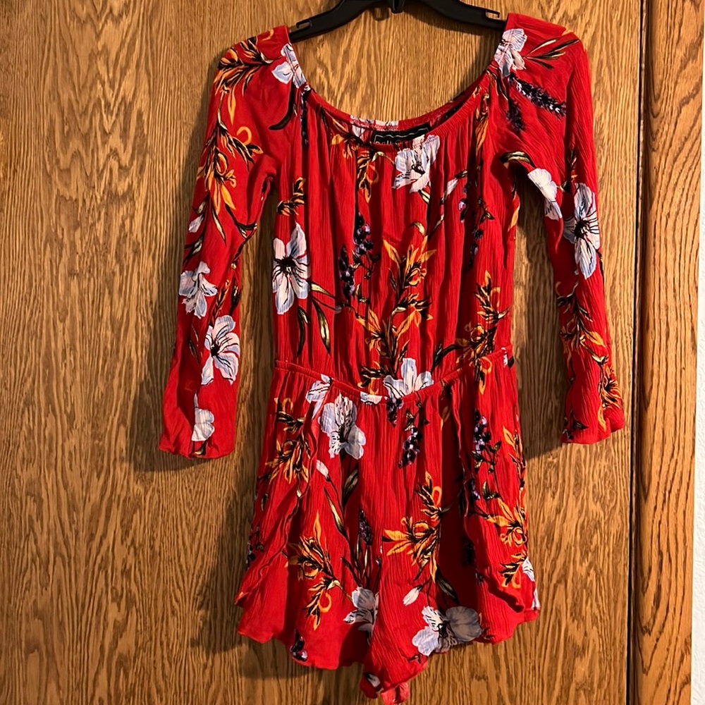 Red floral, long sleeve romper